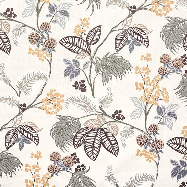 Cream printed cotton with trailing botanical leaves, berries and seed clusters