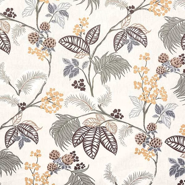 Cream printed cotton with trailing botanical leaves, berries and seed clusters