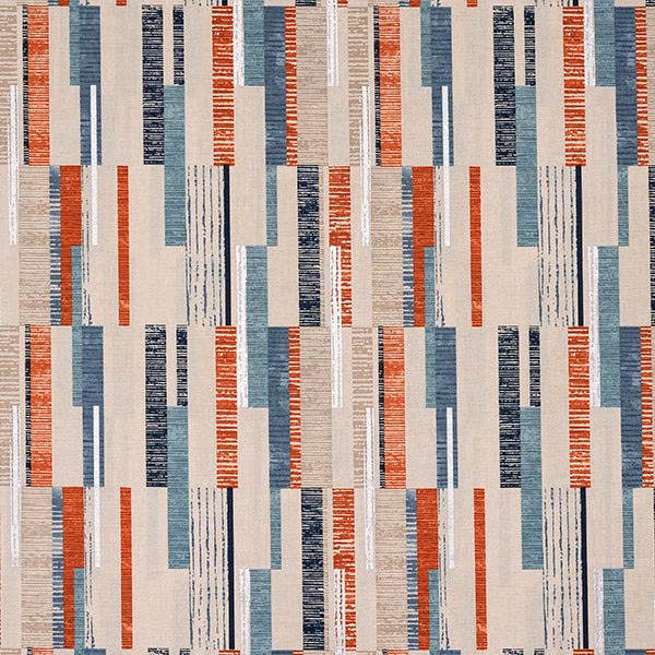 Geometric printed cotton swatch with indigo, teal and rust vertical bars