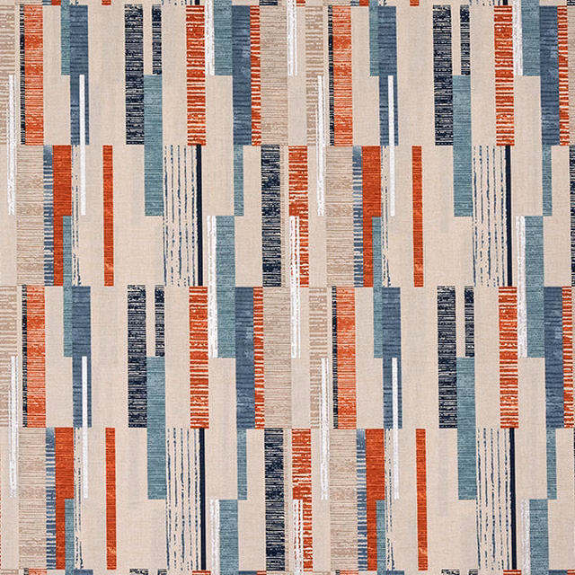 Geometric printed cotton swatch with indigo, teal and rust vertical bars