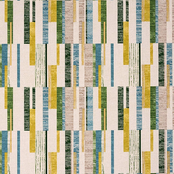 Abstract vertical stripe fabric in jade, lime, teal and cream blocks