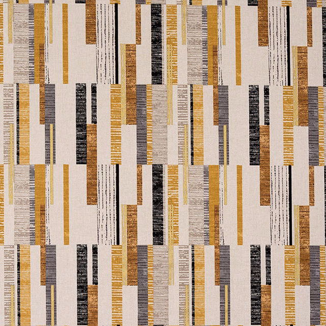Ochre, grey and black vertical geometric print on a cream cotton ground