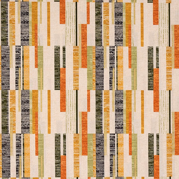 Abstract vertical geometric print with amber orange, olive and charcoal bars on a pale ground