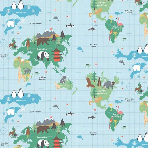 Pale aqua world map print with illustrated continents and ocean labels