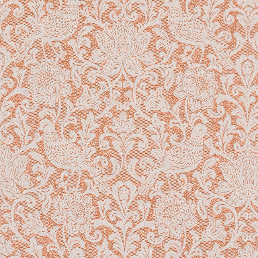 Burnt orange damask fabric with ivory birds, florals and scrolling leaves