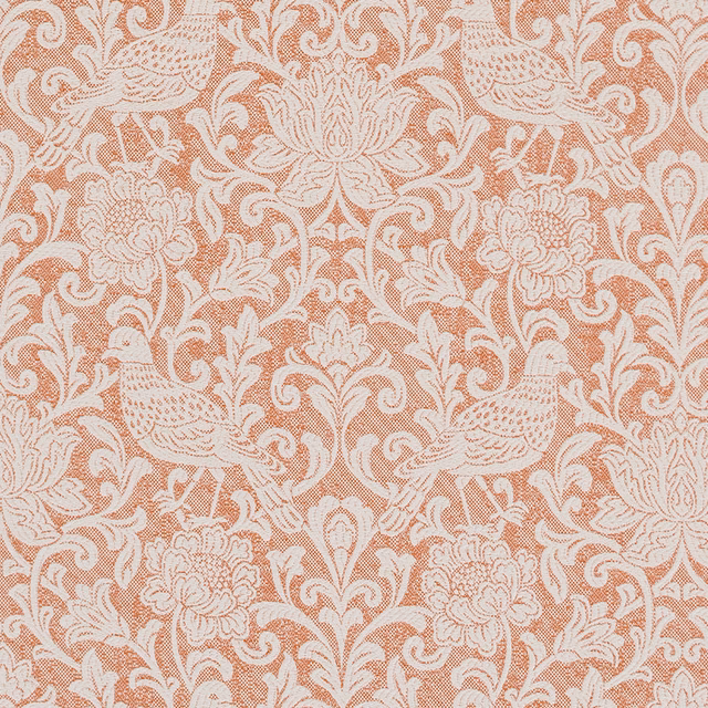 Burnt orange damask fabric with ivory birds, florals and scrolling leaves