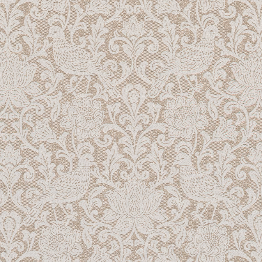 Pale dove-beige floral fabric with ivory bird motifs and woven texture