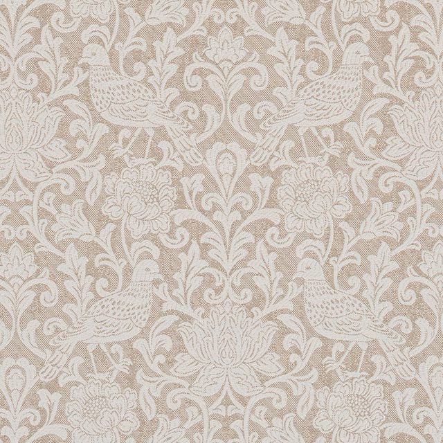 Pale dove-beige floral fabric with ivory bird motifs and woven texture