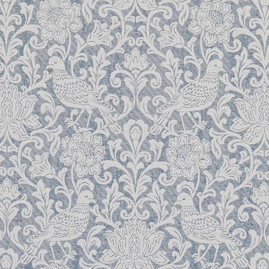 Dusty blue bird-and-scroll woven fabric with pale ivory motifs