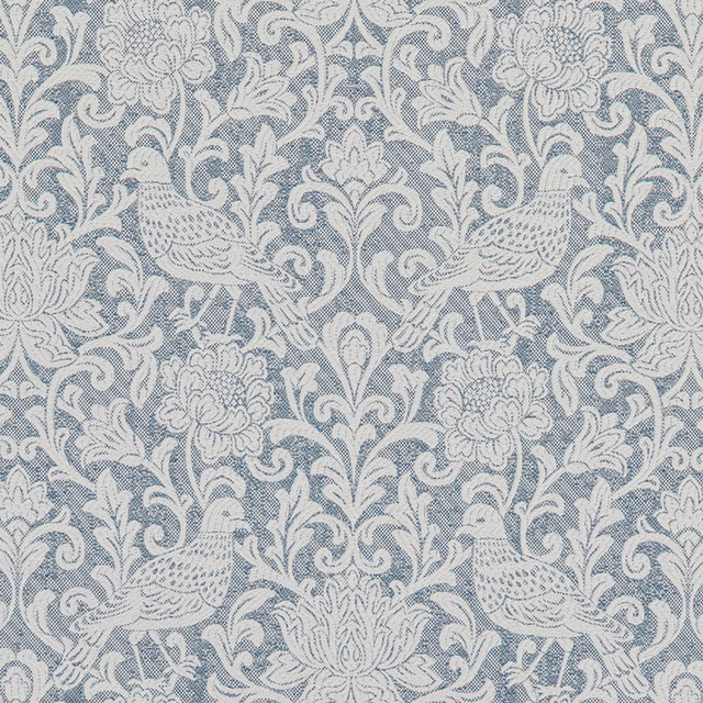 Dusty blue bird-and-scroll woven fabric with pale ivory motifs