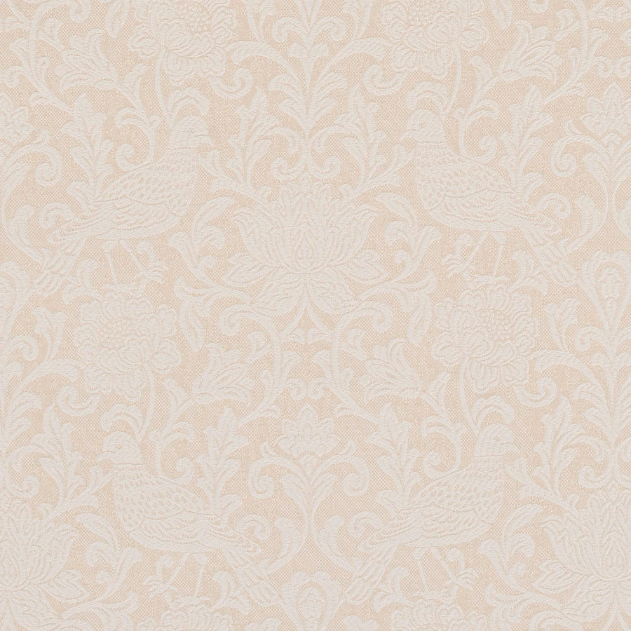 Pale ivory damask fabric with scrolling floral motif and soft woven texture