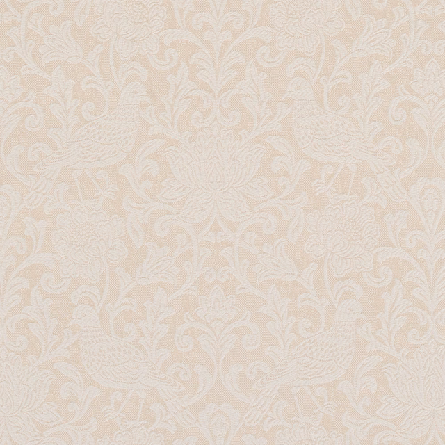 Pale ivory damask fabric with scrolling floral motif and soft woven texture