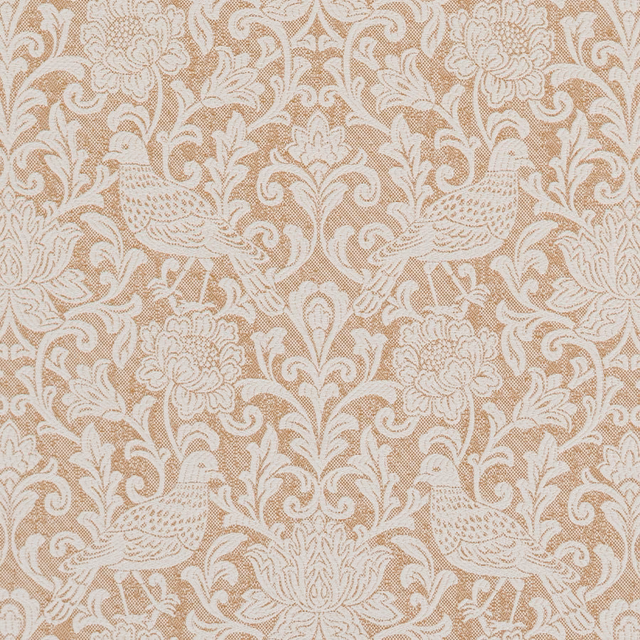 Warm oatmeal damask fabric with ivory birds, scrolling florals and leafy vines
