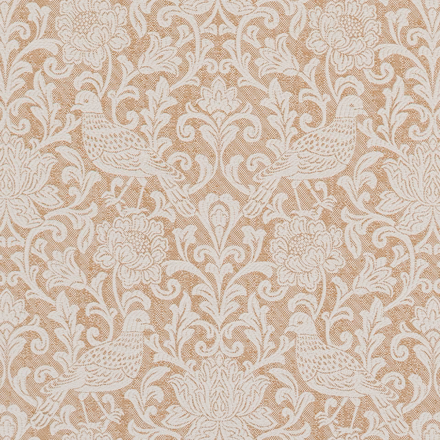 Warm oatmeal damask fabric with ivory birds, scrolling florals and leafy vines