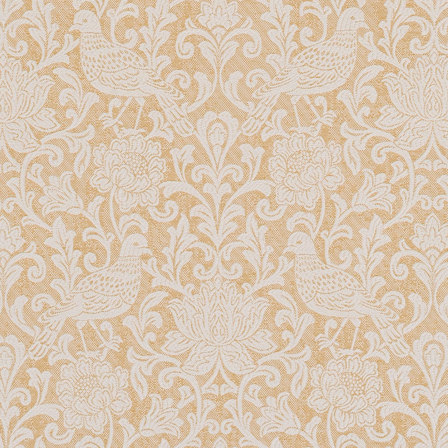 Ochre-gold damask fabric with ivory scrolling birds and florals