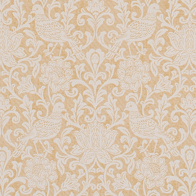 Ochre-gold damask fabric with ivory scrolling birds and florals