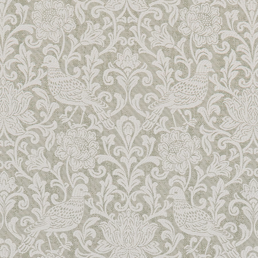 Sage green jacquard fabric with ivory birds and scrolling floral motifs