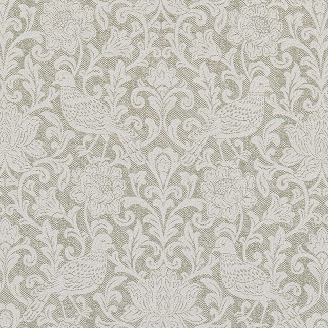 Sage green jacquard fabric with ivory birds and scrolling floral motifs
