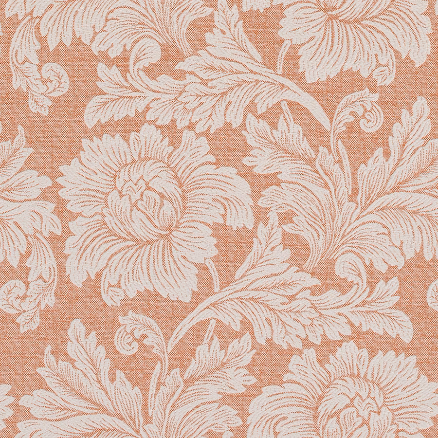 Burnt orange woven floral fabric with large ivory leaf motifs