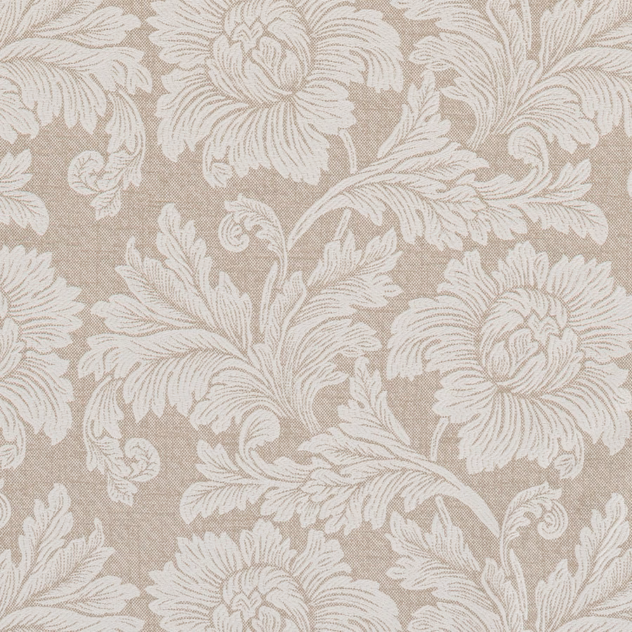 Close-up of Provence Dove floral fabric in dove beige with ivory leaf motifs