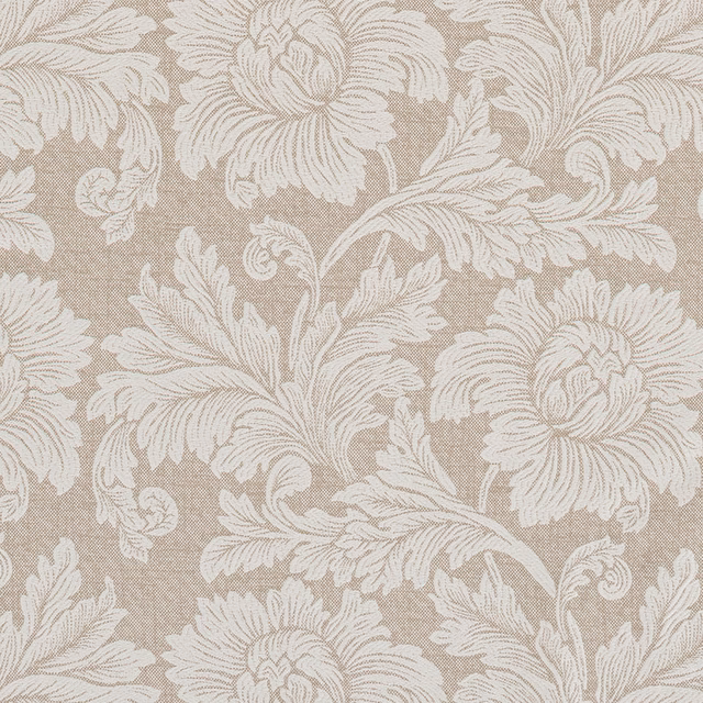 Close-up of Provence Dove floral fabric in dove beige with ivory leaf motifs
