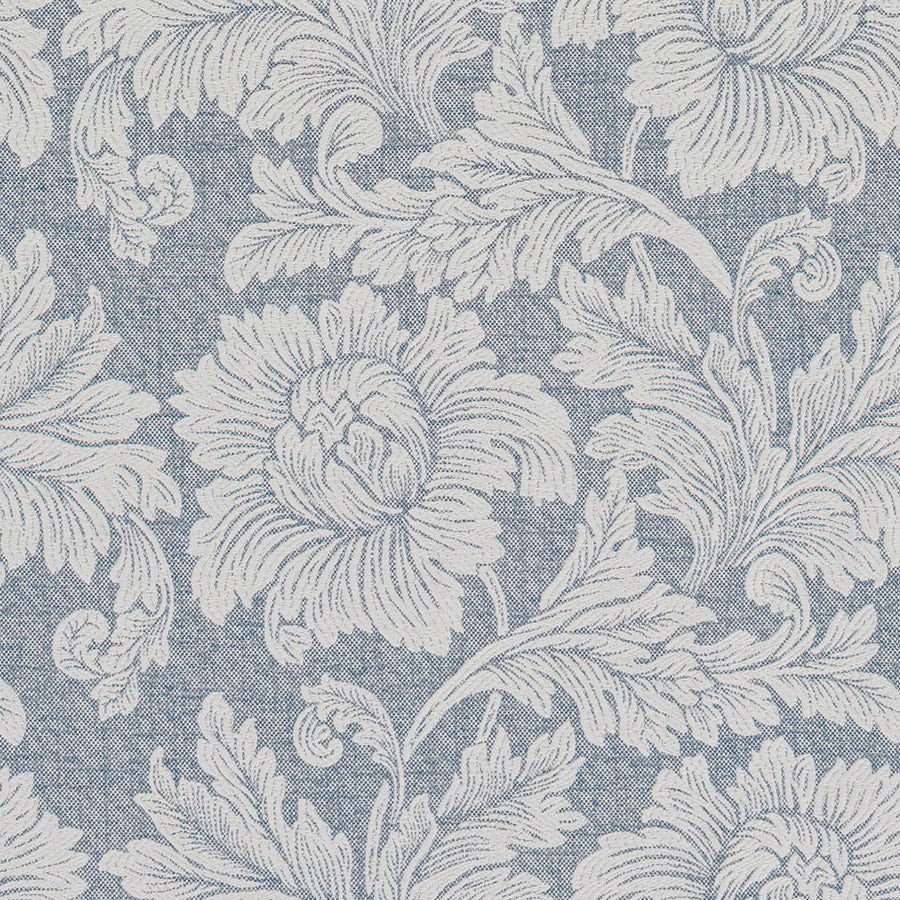 Blue and ivory floral woven fabric swatch with large scrolling leaves