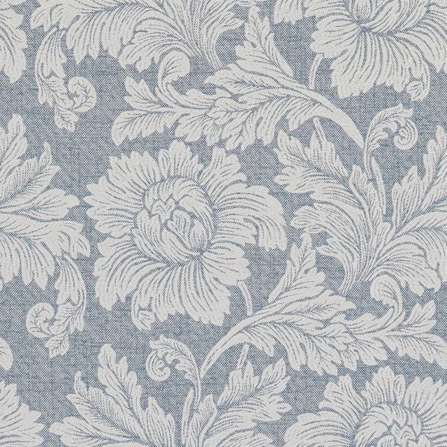 Blue and ivory floral woven fabric swatch with large scrolling leaves