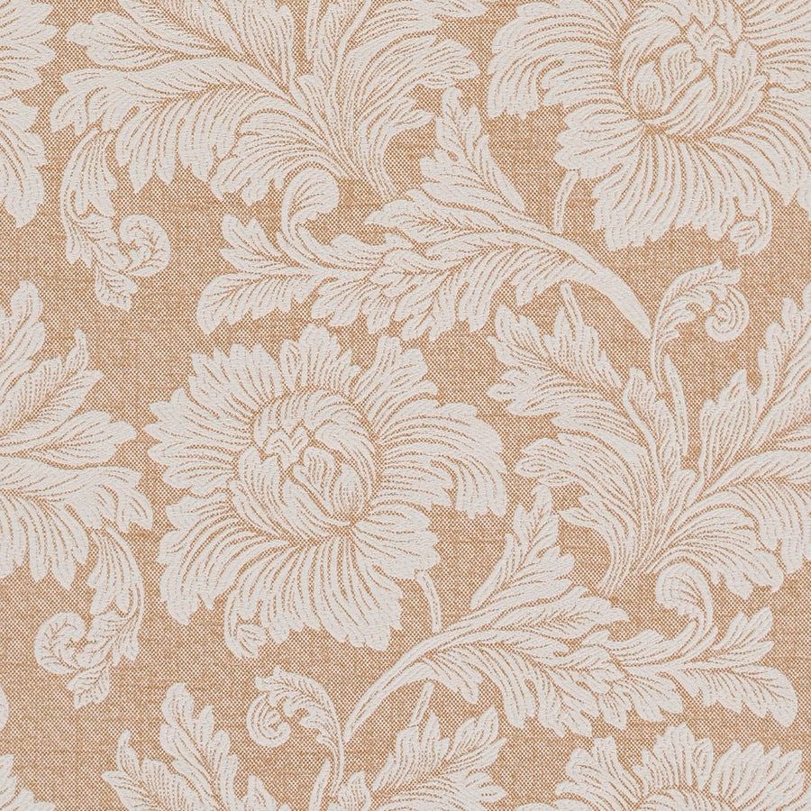 Oatmeal beige damask fabric with ivory leafy trailing motif on a textured ground