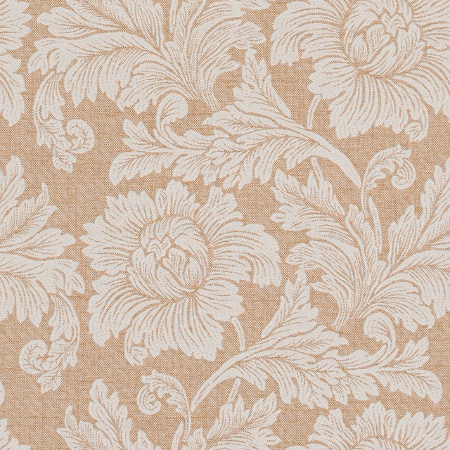 Oatmeal beige damask fabric with ivory leafy trailing motif on a textured ground
