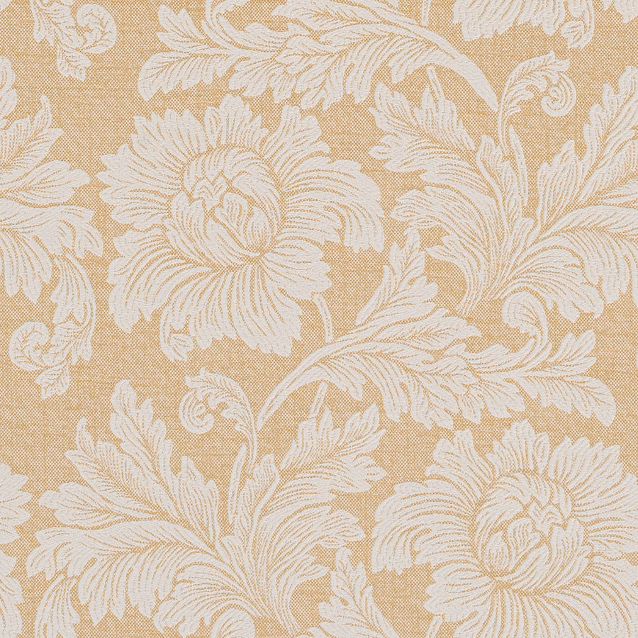 Ochre woven damask fabric with ivory floral leaves and scrolling stems