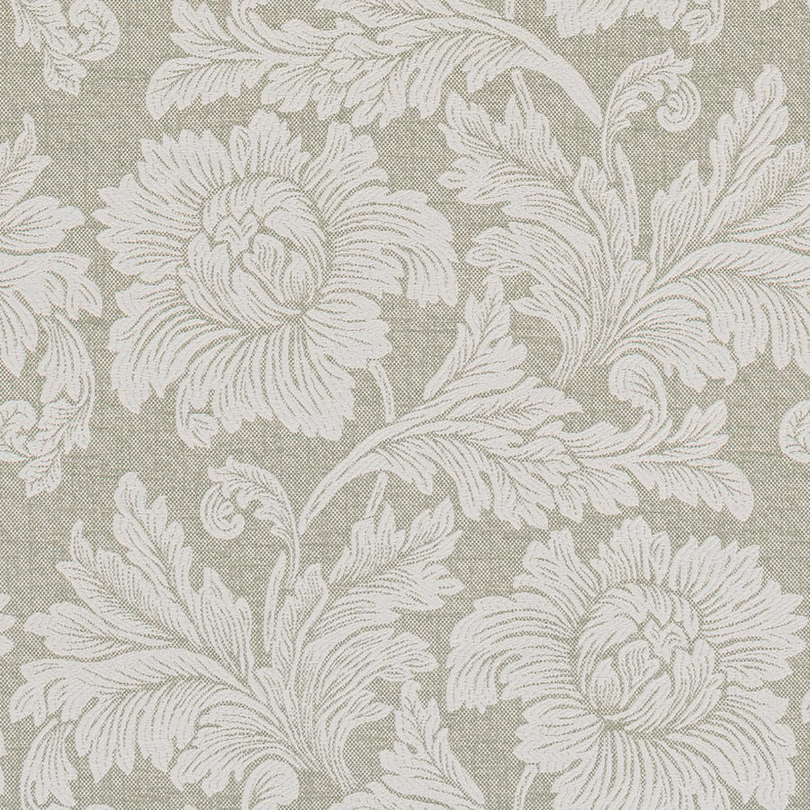 Sage green floral fabric with large cream feathered blooms and trailing leaves