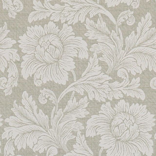 Sage green floral fabric with large cream feathered blooms and trailing leaves