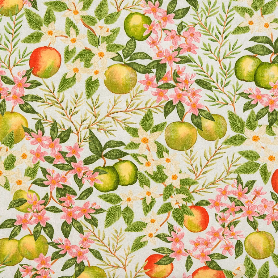 Apple and blossom print on pale ground with green leaves and pink flowers