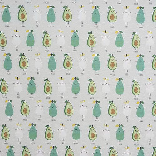 Pale ground PVC table cover with scattered avocado motifs in soft green