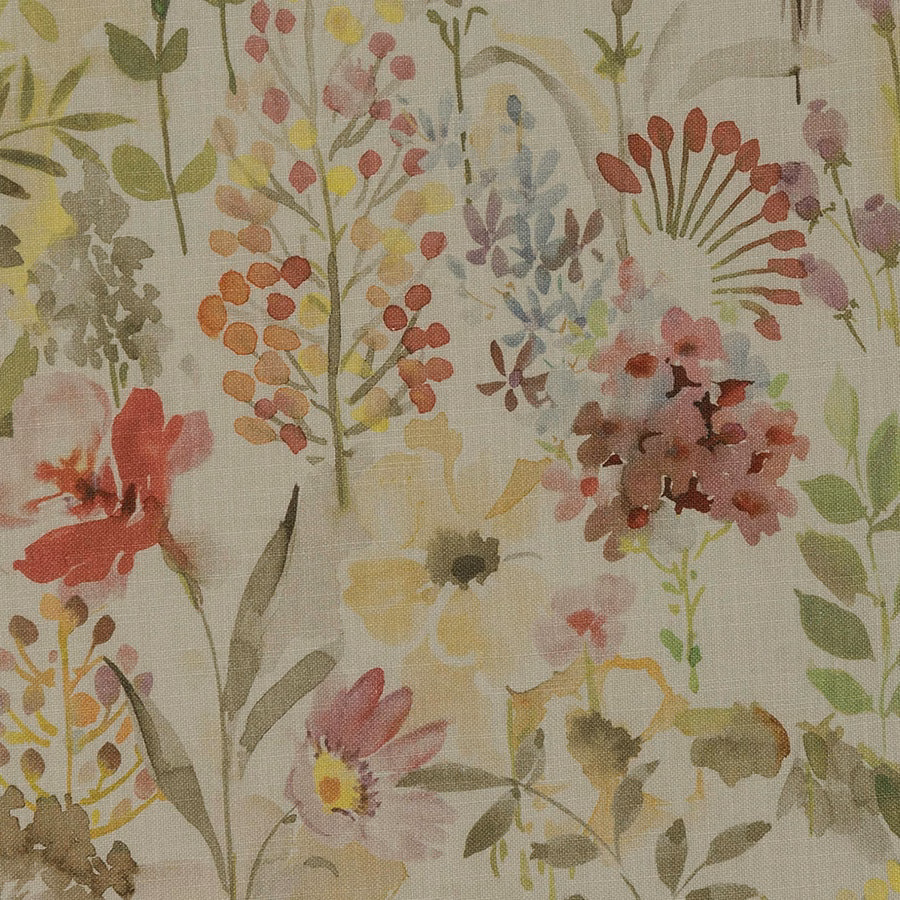 Painterly autumn floral print on warm cream PVC-coated fabric swatch
