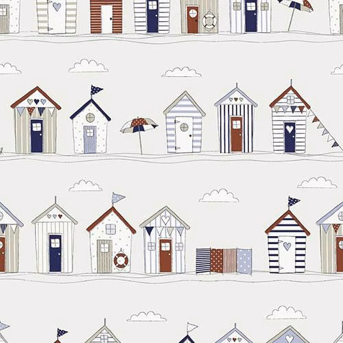 Beach hut print on pale ground with blue, navy and red details