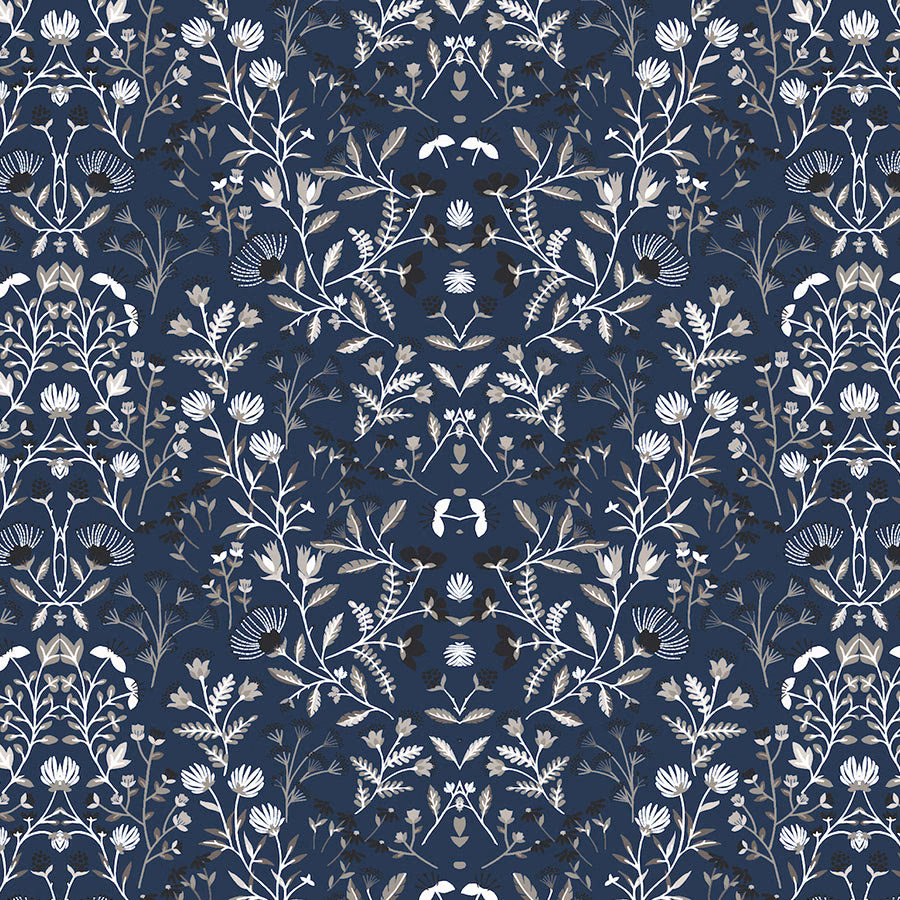 Navy floral fabric swatch with pale botanical repeat and crisp coated finish