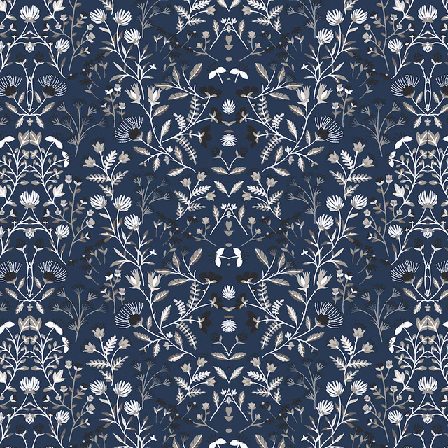 Navy floral fabric swatch with pale botanical repeat and crisp coated finish