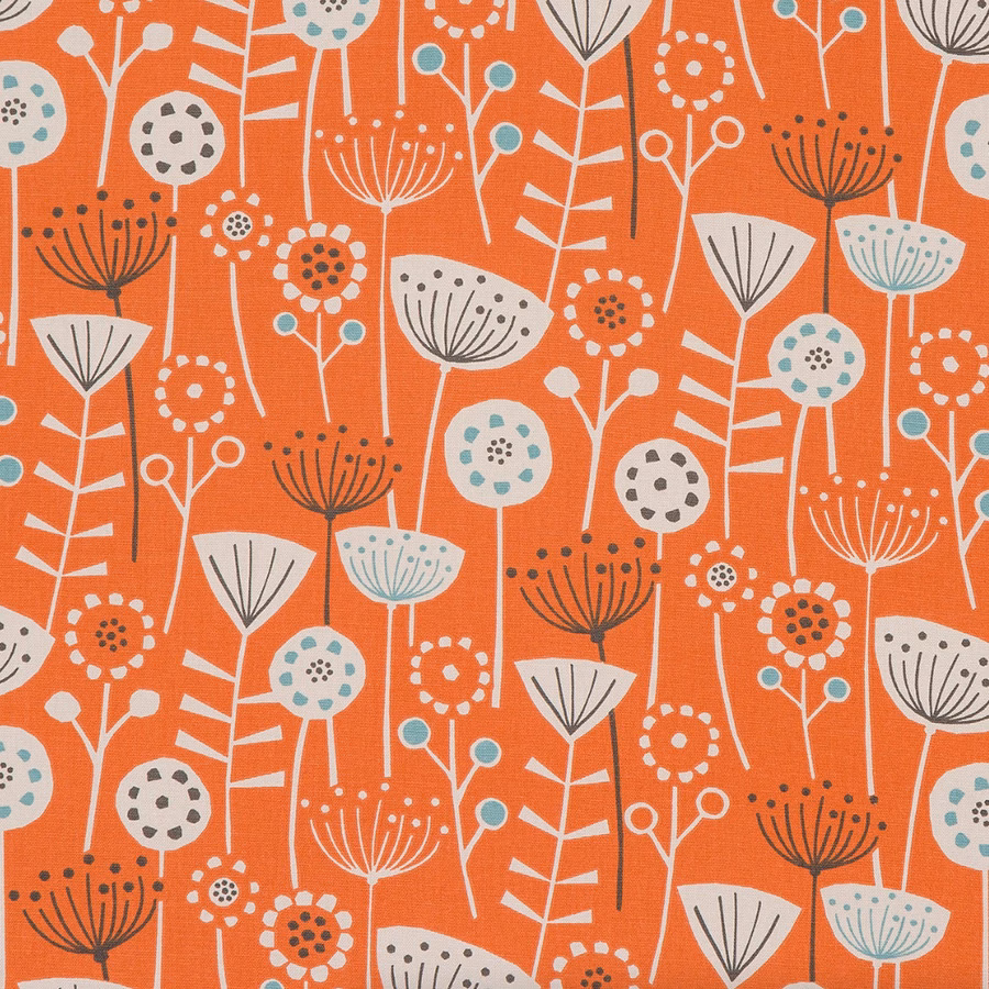 Burnt orange floral PVC fabric with white, grey and teal seedhead motifs