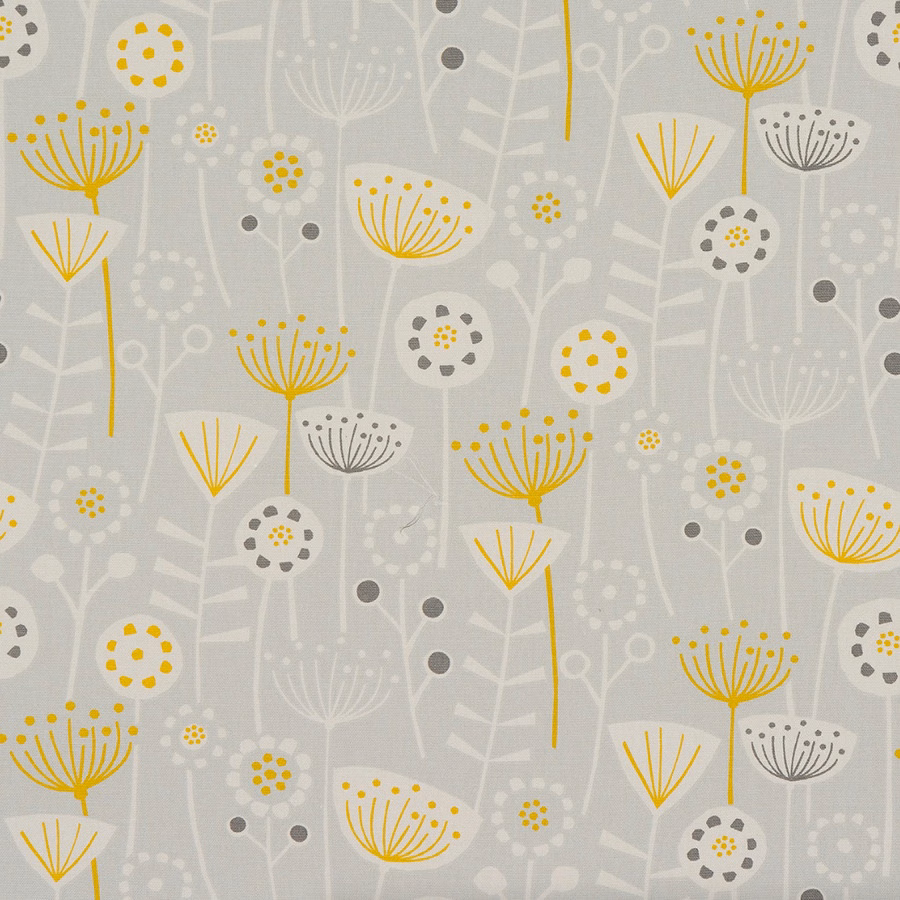 Pale grey floral PVC fabric with white, yellow and charcoal botanical motifs