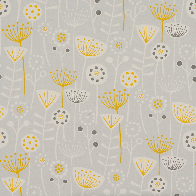 Pale grey floral PVC fabric with white, yellow and charcoal botanical motifs