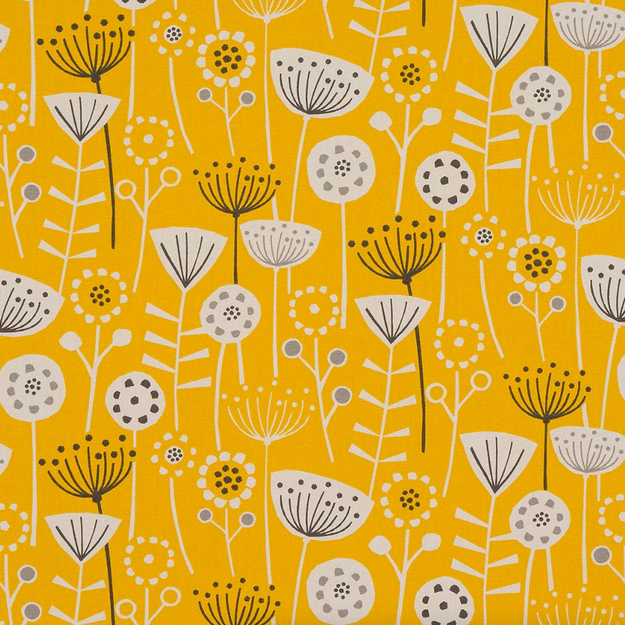 Ochre yellow PVC-coated fabric with scattered white and grey floral stems