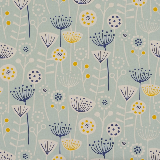 Seafoam coated fabric with navy and yellow botanical flower print