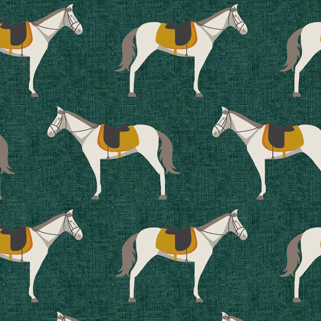 Horse print fabric on a deep jade green textured ground with mustard saddles
