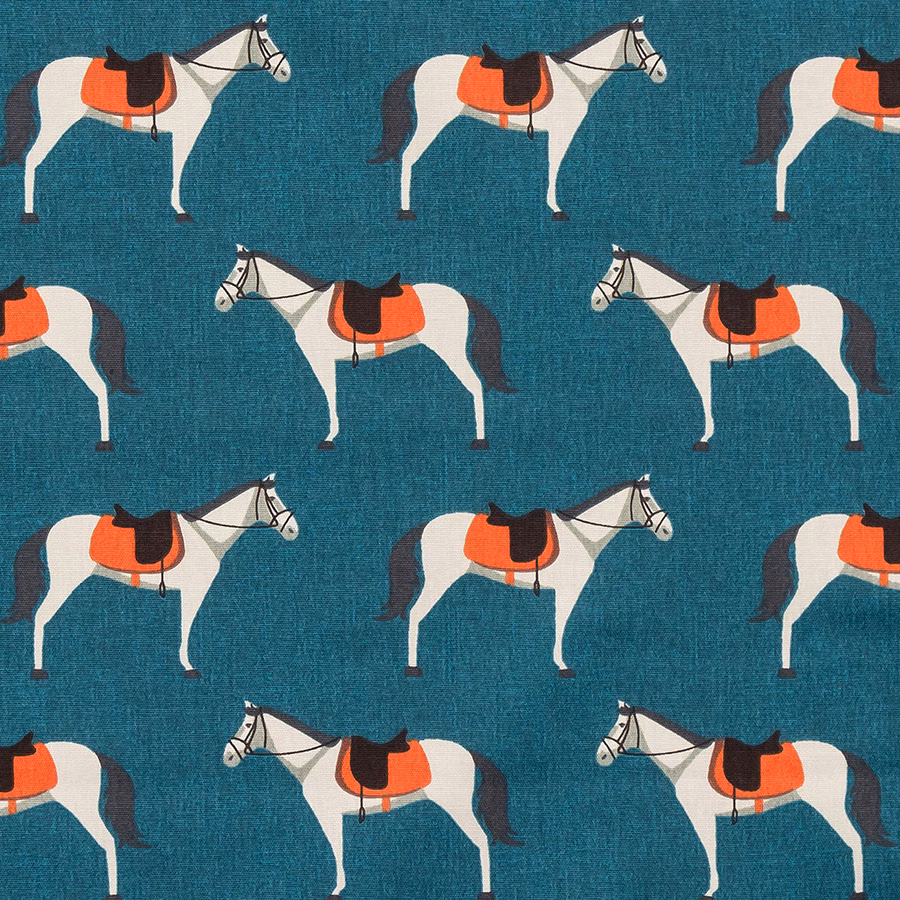 Teal PVC fabric with repeating white horses and orange saddles