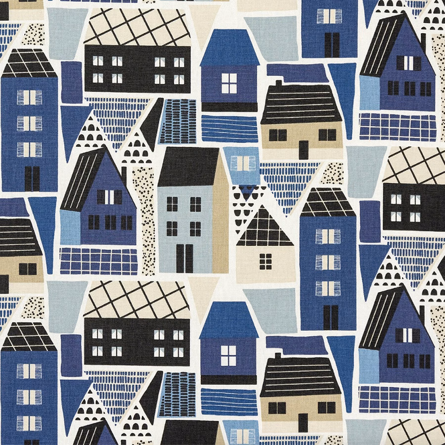 Navy and pale blue village house print on cream PVC-coated cotton