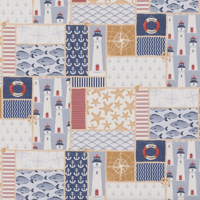 Blue coastal patchwork print with lighthouses, anchors, fish and starfish
