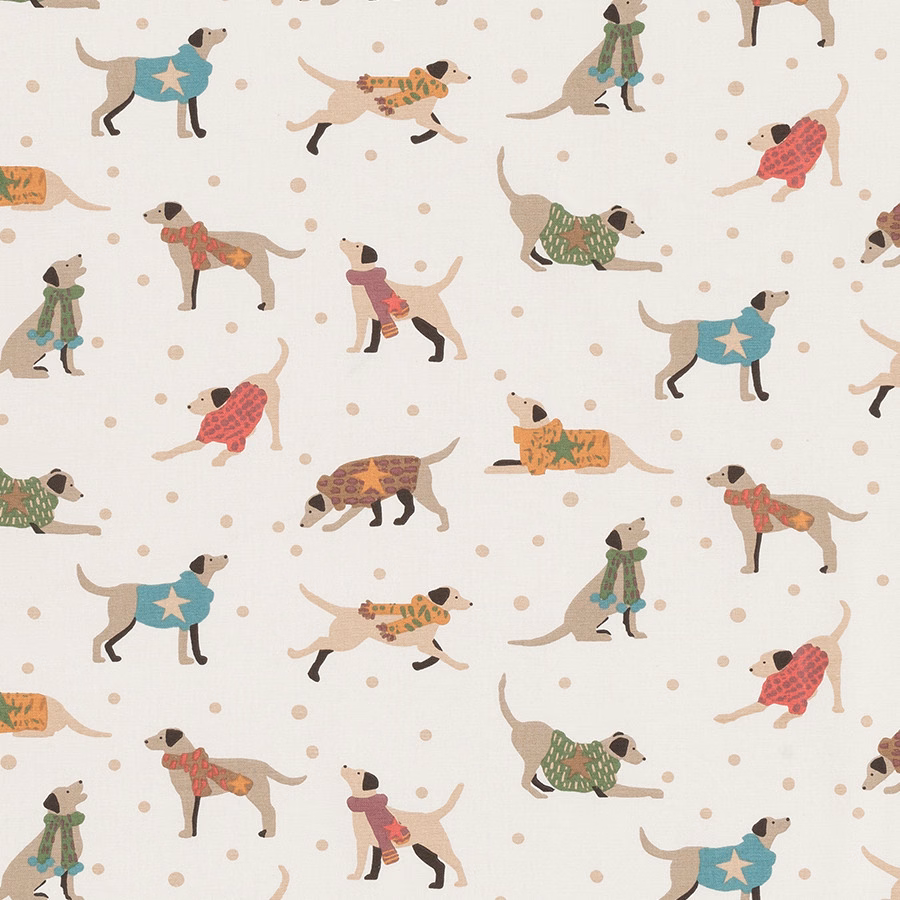 Cream PVC fabric with scattered dressed-up dogs and tiny beige polka dots