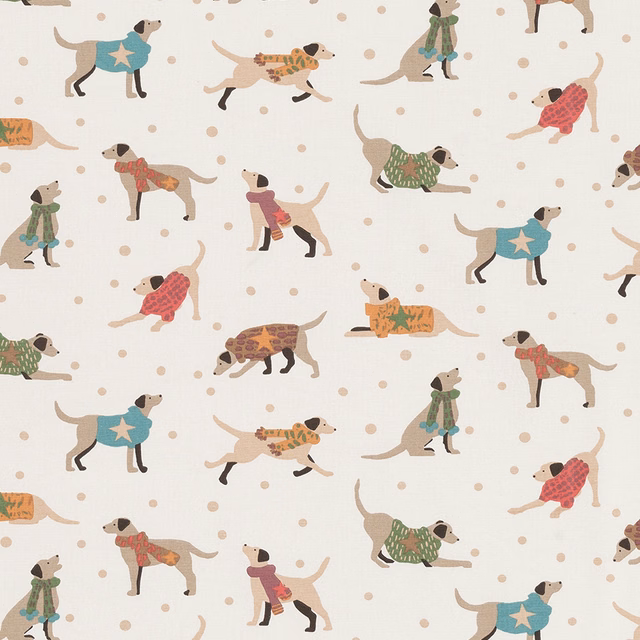 Cream PVC fabric with scattered dressed-up dogs and tiny beige polka dots