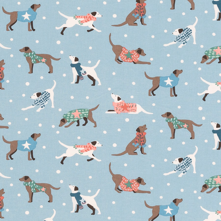 Seafoam blue PVC fabric with polka dots and illustrated dogs